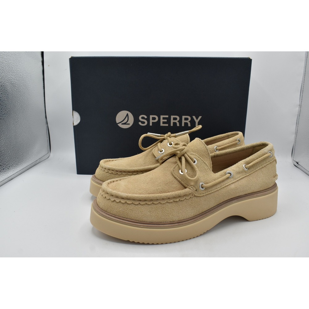 Sperry Women Size 9 Bayside Bone Beige Tan Suede Platform Boat Shoes Chunky